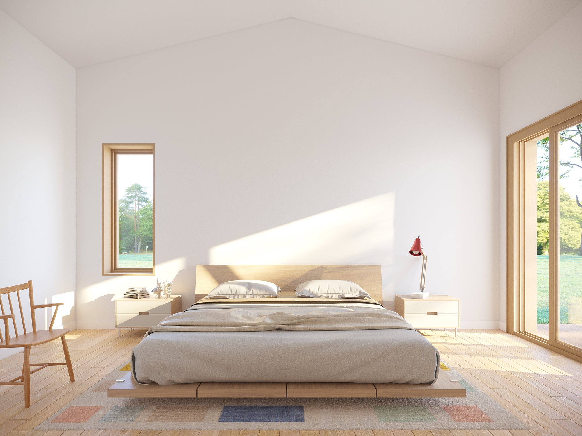 Short-term rental cabin interior — king bedroom with covered deck, 772 sqft cabin plan