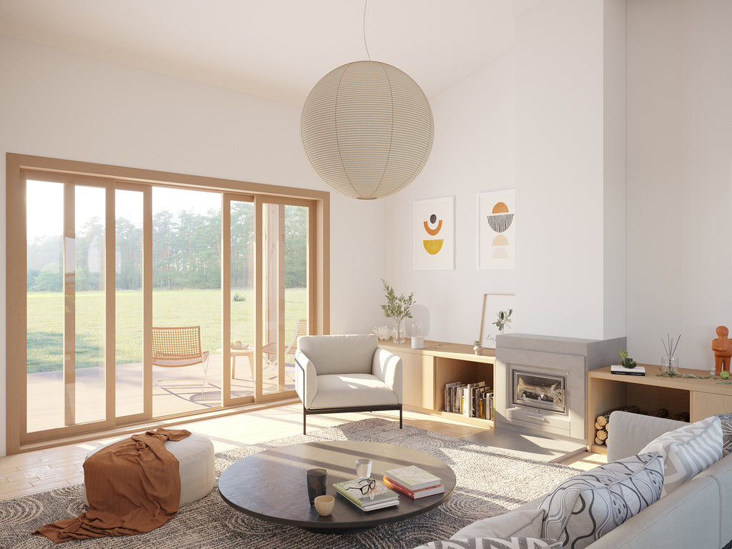 Cabin interior with large windows and natural light — architect-designed Airbnb cabin floor plan
